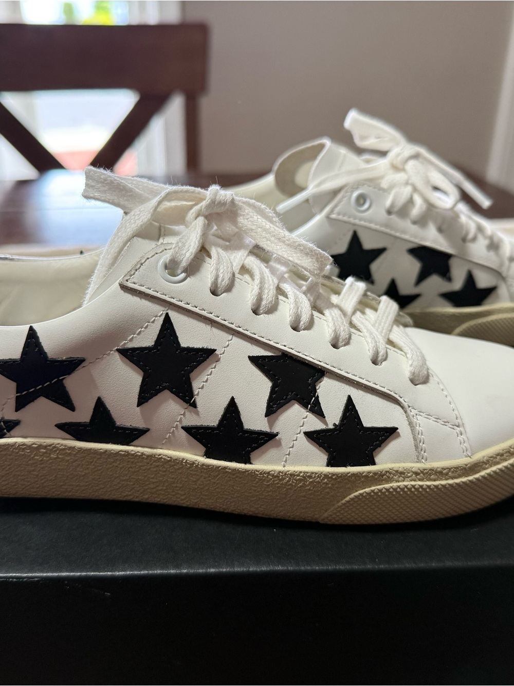 Saint Laurent White Leather Sneakers with Black Star Accents